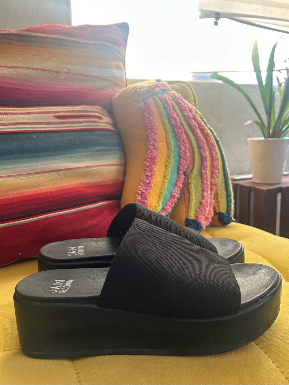 Madden NYC Black Platform Slide Sandals with Wide Cross Strap